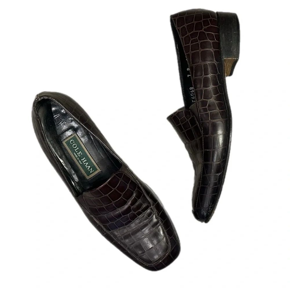 Vintage Cole Haan Croc-Embossed Leather Loafers – Brown Slip-On Dress Shoes, 7